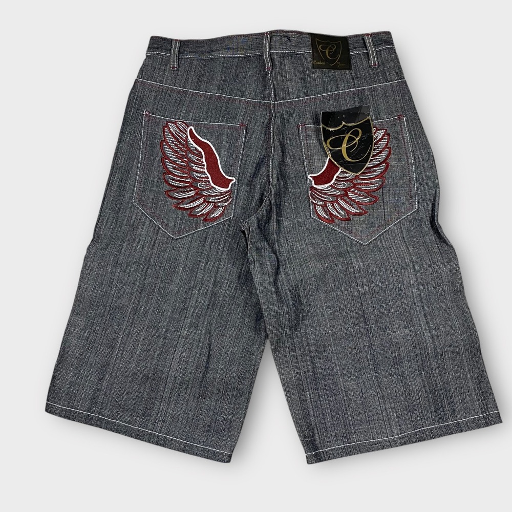 Corked Jeans Mens Shorts 34 Gray Red Wing Embroidery baggy Y2K Denim Streetwear